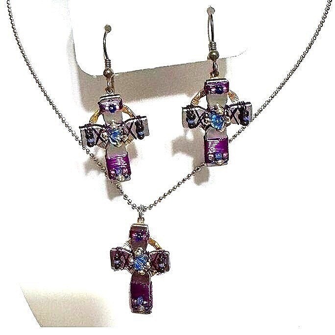 Vintage Artisan Handcrafted Purple Beaded Cross Necklace And Earring Set